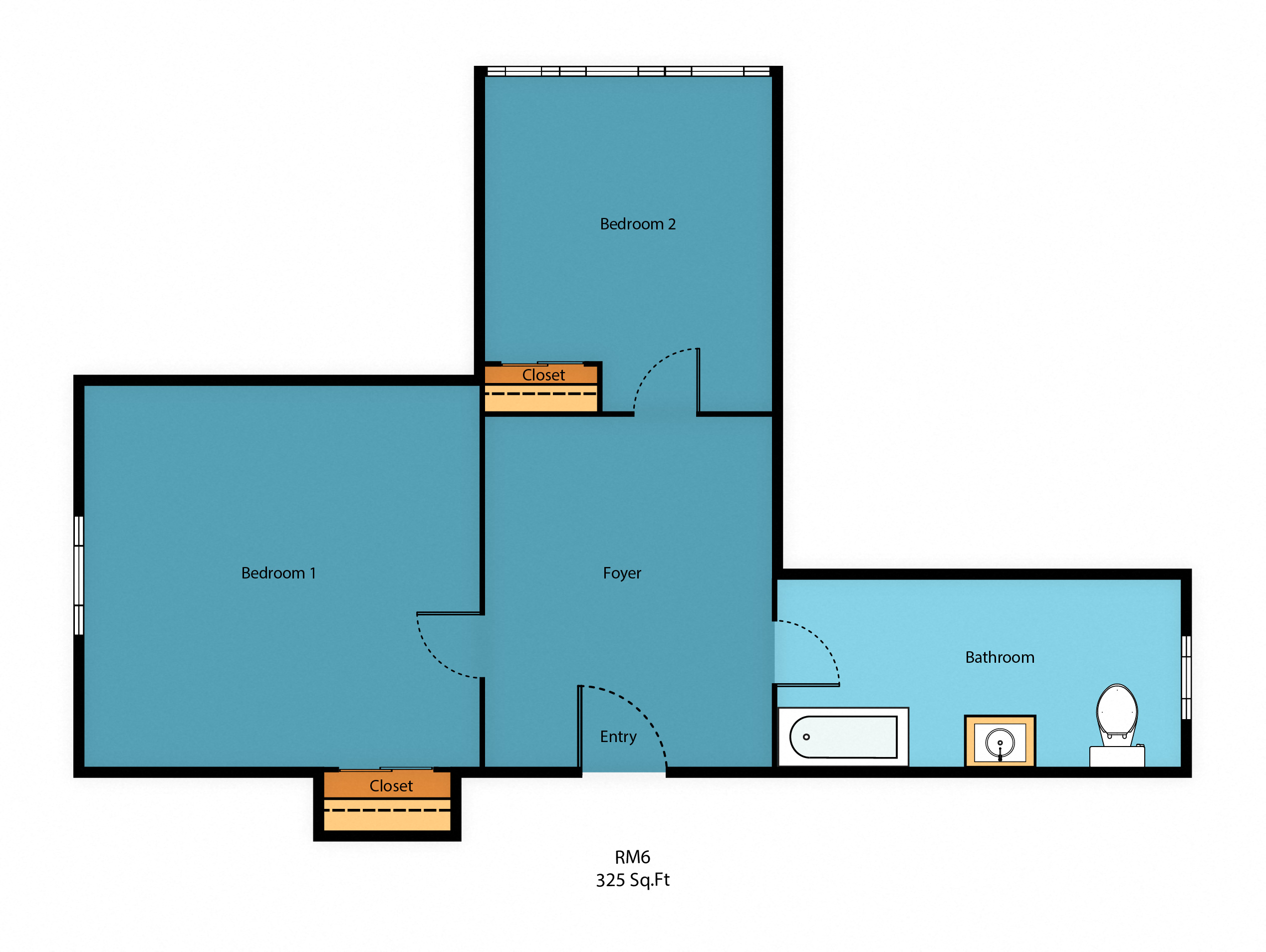 Floor plan for 2 beds, 1 bath, 325 sqft